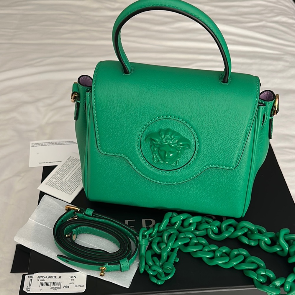Versace Green Satchel with Embossed Logo and Chain Strap